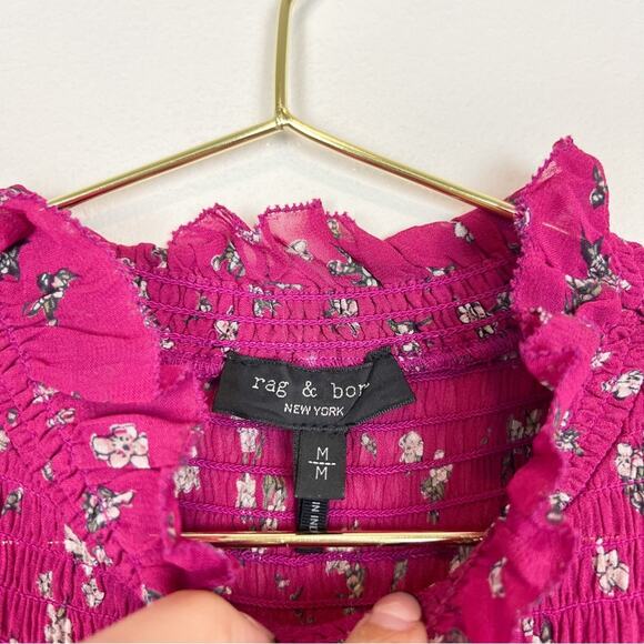 Rag & Bone Kayden Floral Blouse Long Sleeve Smocked‎ Ruffle Pink Size Medium - Picture 6 of 10